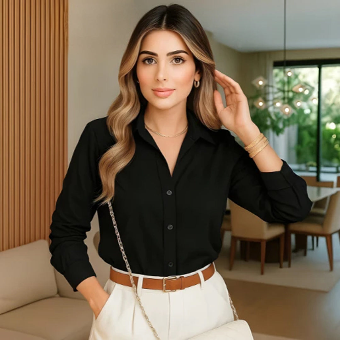 Camisa Social Feminina Risca De Giz Listras Fino Tendência