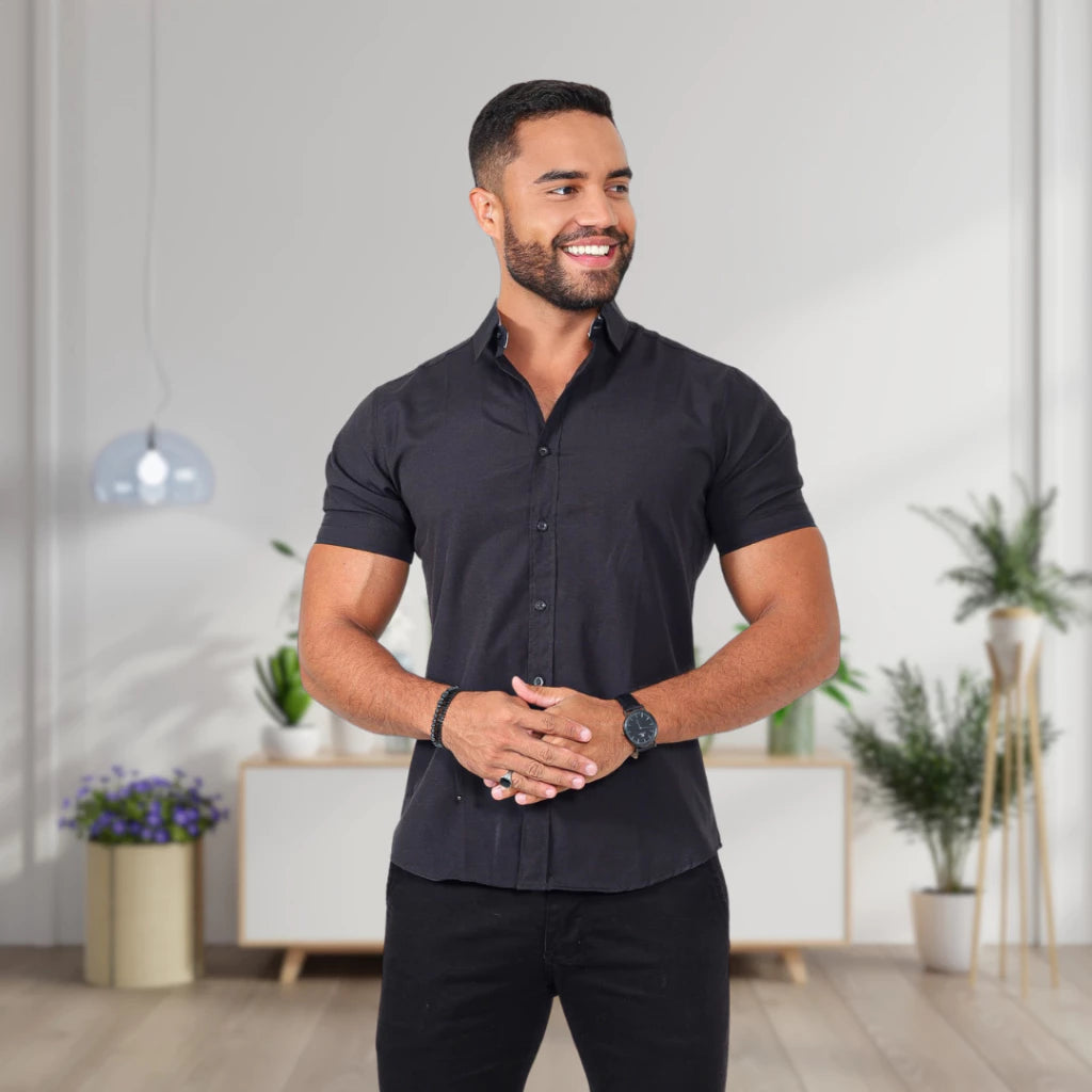 Camisa manga curta luxo slim lisa tricoline exclusiva oferta camisa não amassa e seca rapido