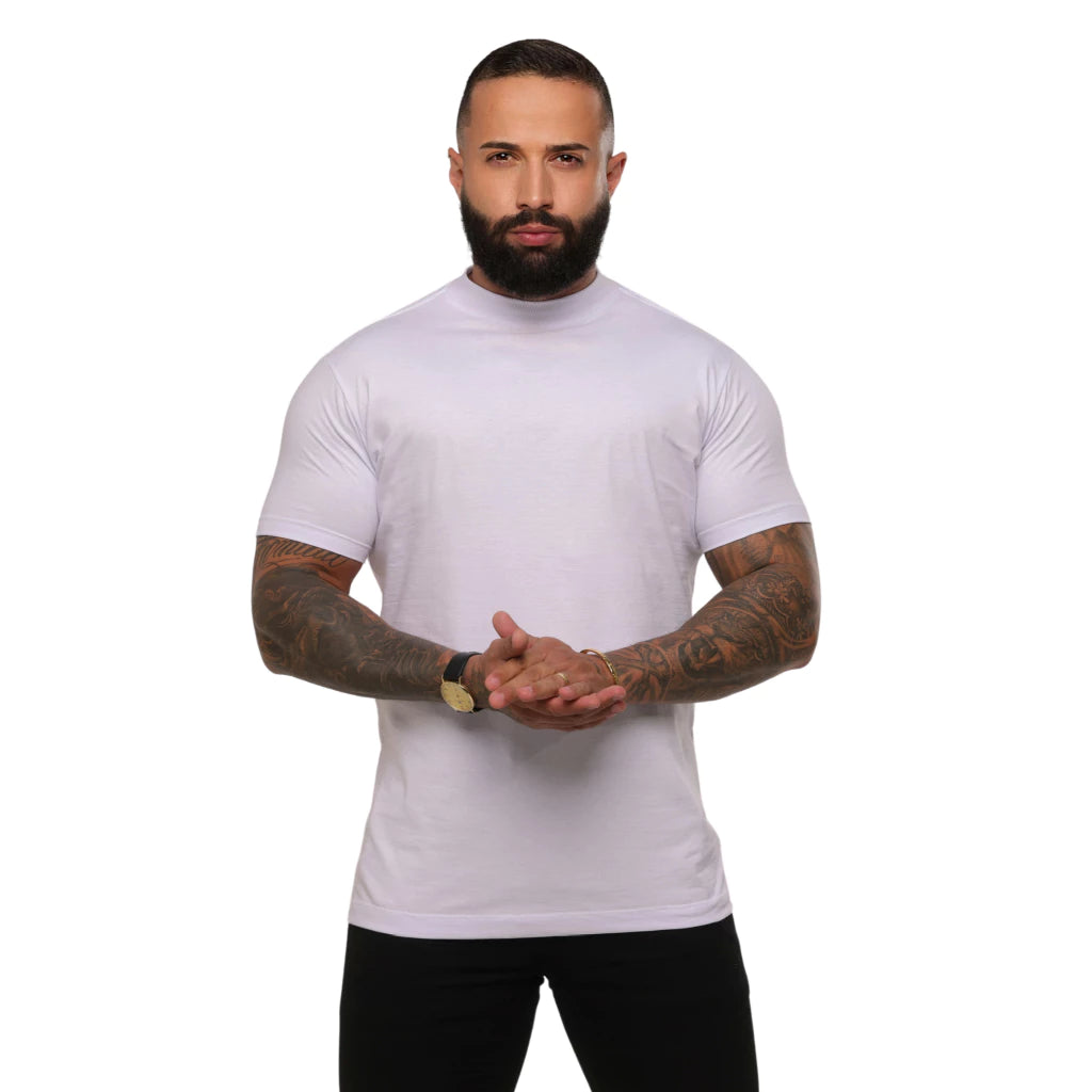 Camisetas Masculina Gola Media Premium 100% Algodão Camisa Gola Alta Slim