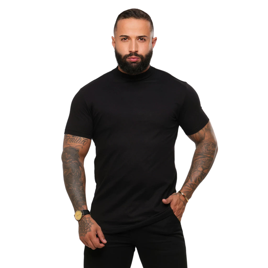 Camisetas Masculina Gola Media Premium 100% Algodão Camisa Gola Alta Slim