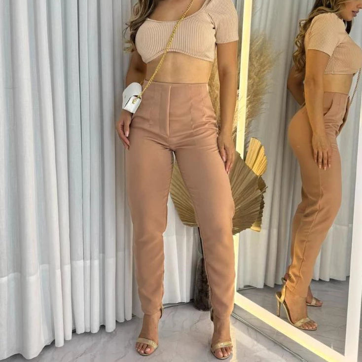 Calça Feminina Alfaiataria Social Cintura Alta Com Zíper Lateral Casual Elegante