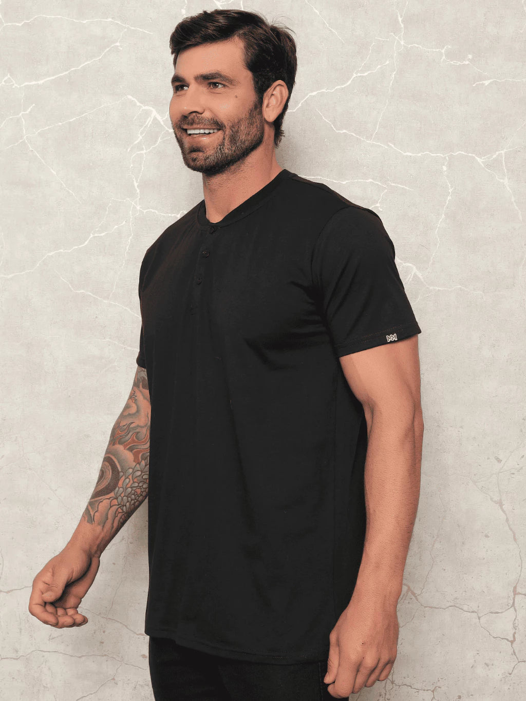 Camisa Básica Preta Masculina 100% Algodão Estilo Henley Portuguesa Social Casual Gola Botões Padre Slim