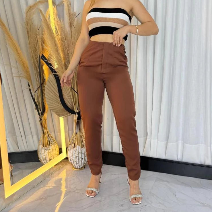 Calça Feminina Alfaiataria Social Cintura Alta Com Zíper Lateral Casual Elegante