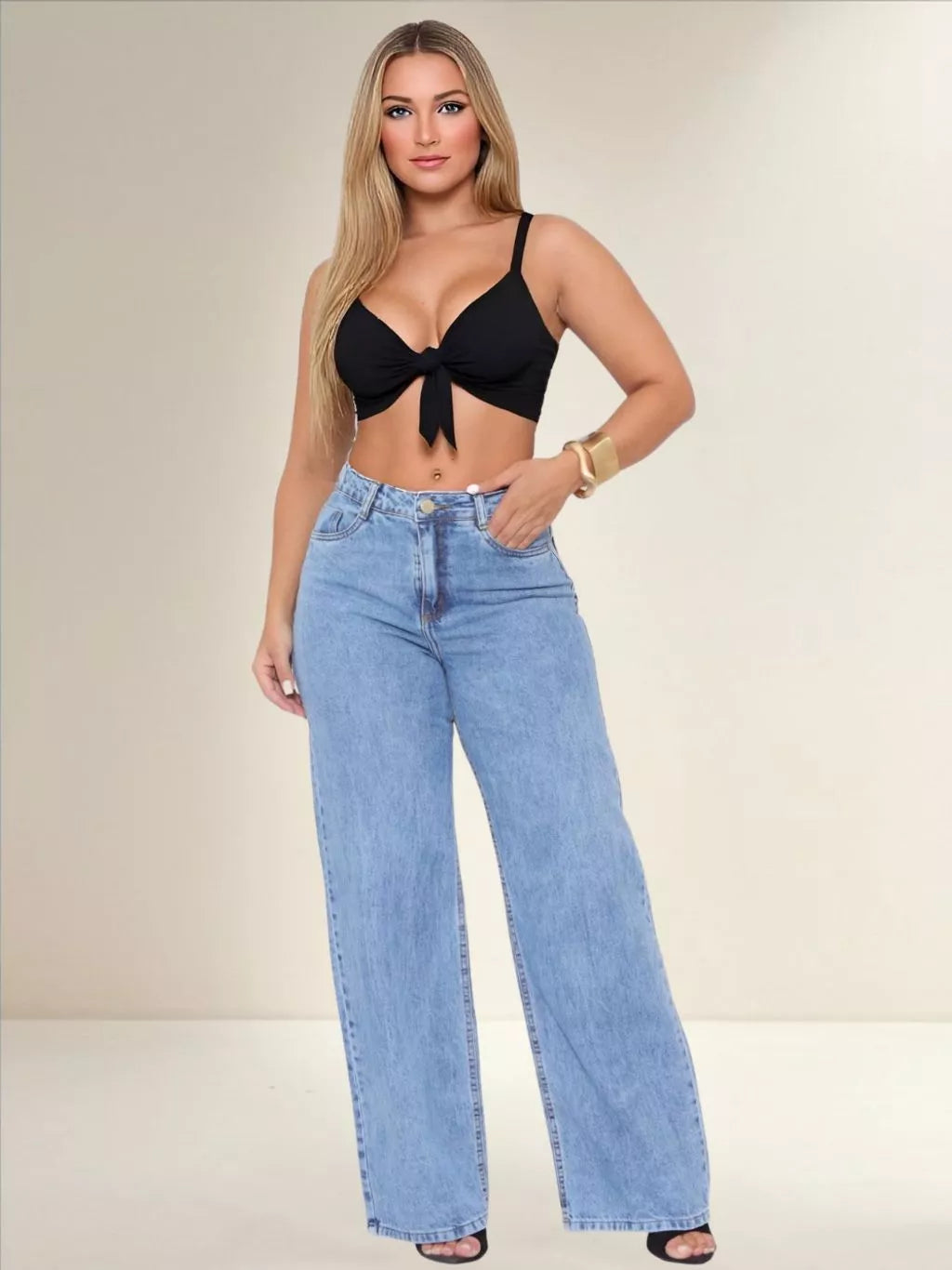 Calça Jeans Feminina Wide Leg Cintura Alta Pantalona Tecido Encorpado 100% Algodão Marmorizada