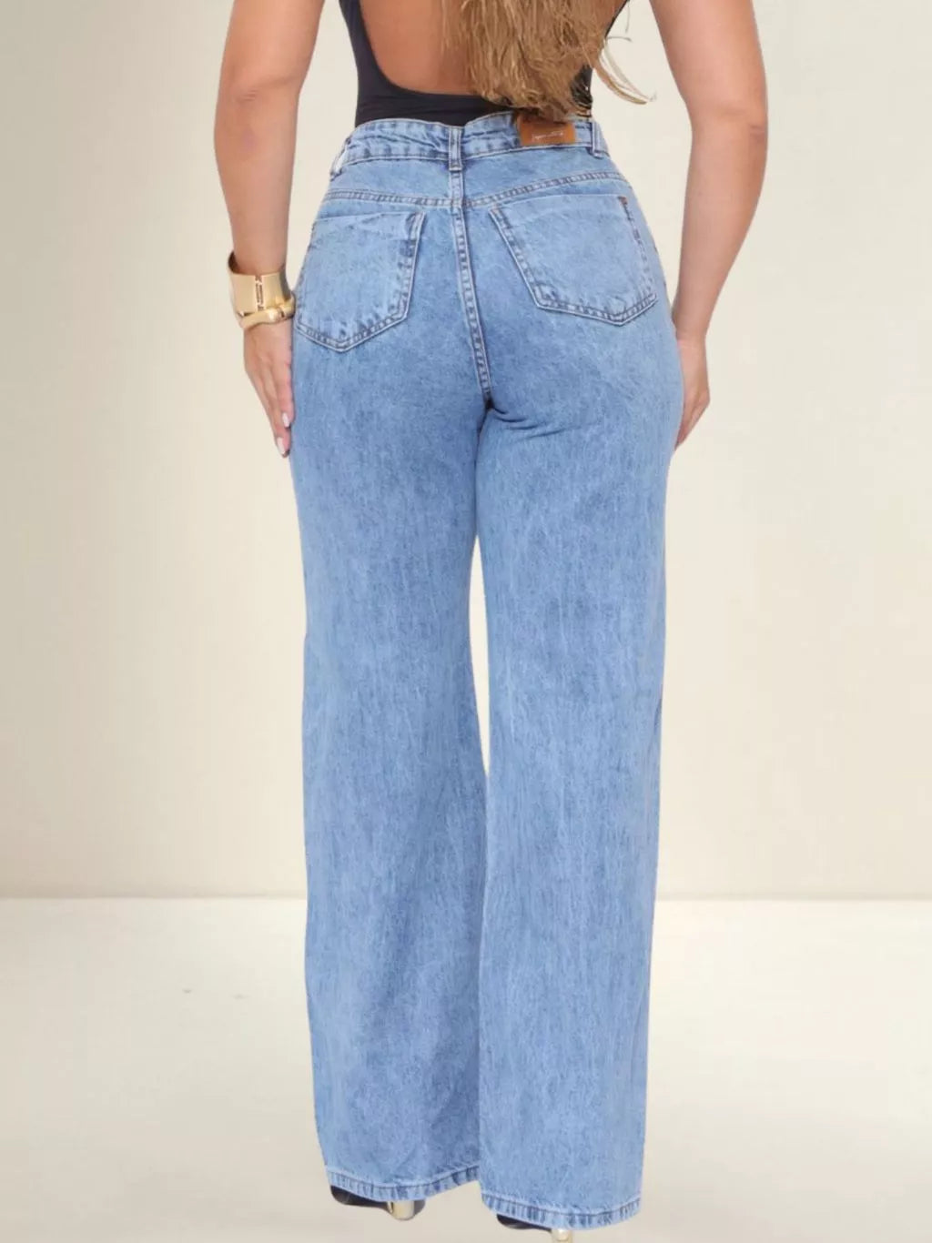 Calça Jeans Feminina Wide Leg Cintura Alta Pantalona Tecido Encorpado 100% Algodão Marmorizada