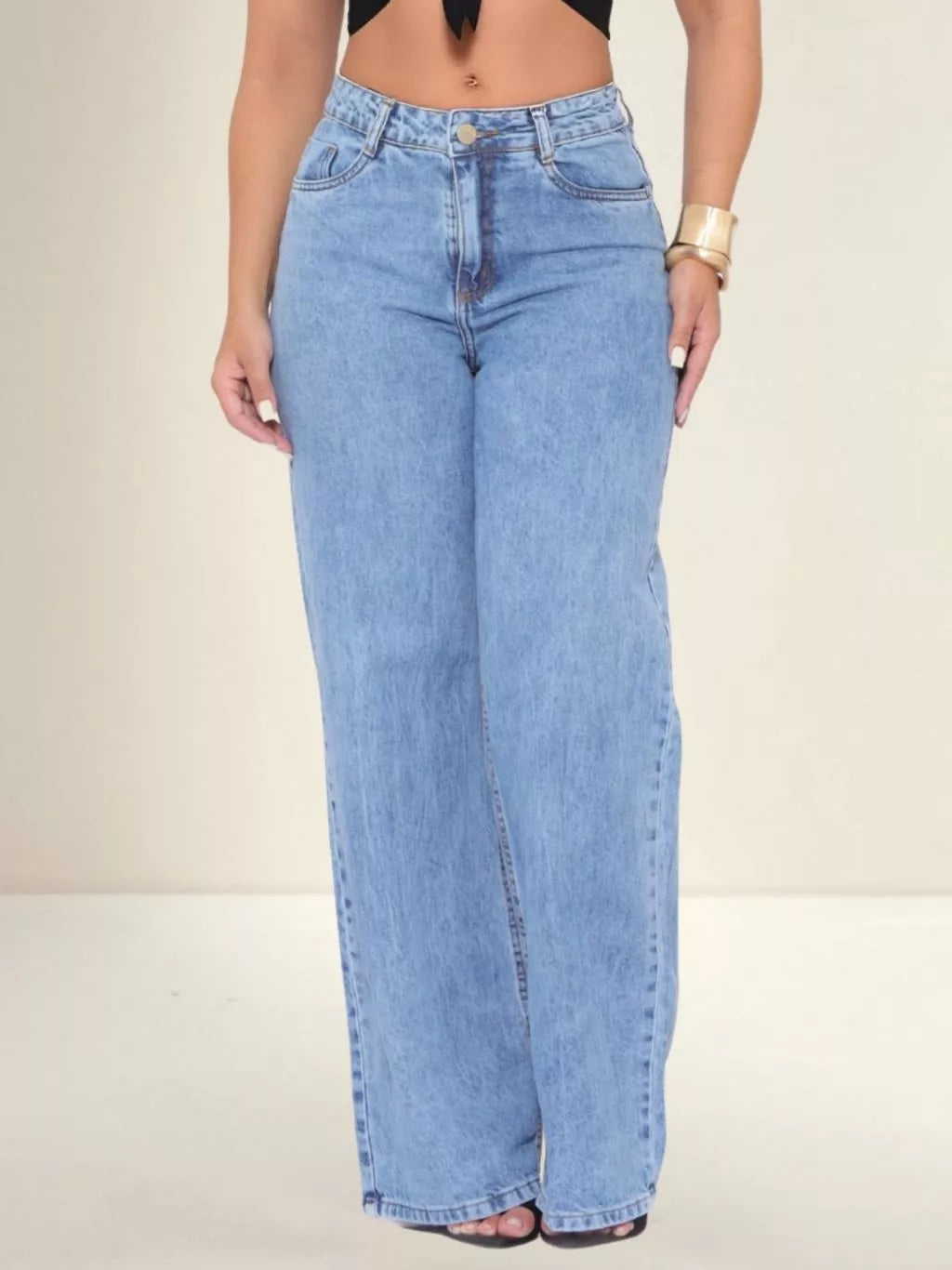 Calça Jeans Feminina Wide Leg Cintura Alta Pantalona Tecido Encorpado 100% Algodão Marmorizada