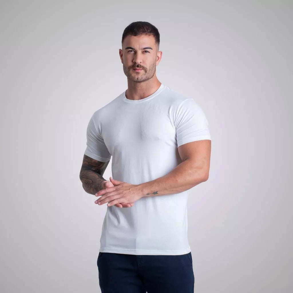 Camiseta Malha Algodão Egípcio Com Elastano Camisa Gola Redonda