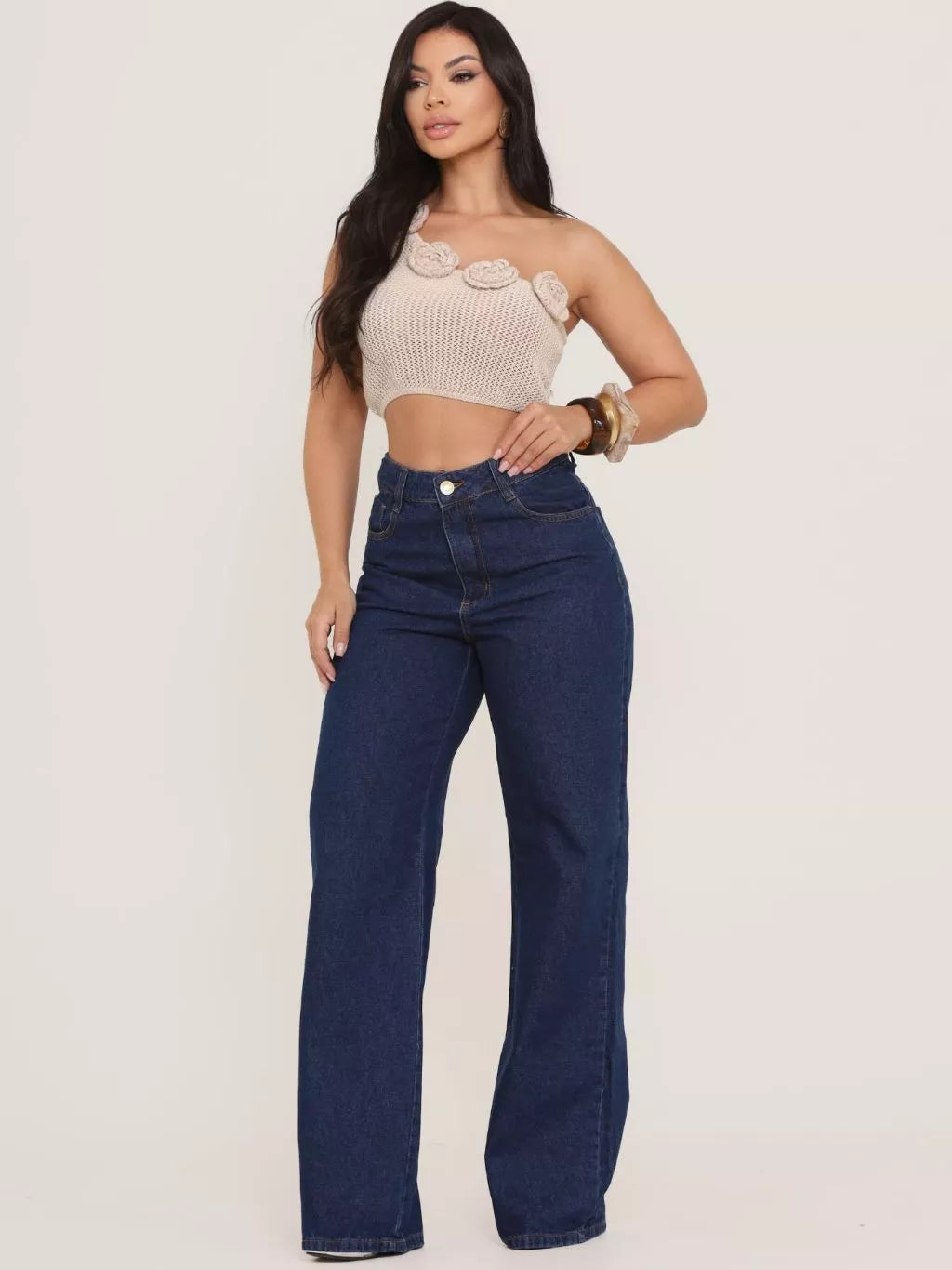 Calça Jeans Feminina Wide Leg Pantalona Cintura Alta Marmorizada Tecido 100% Algodão Blogueira