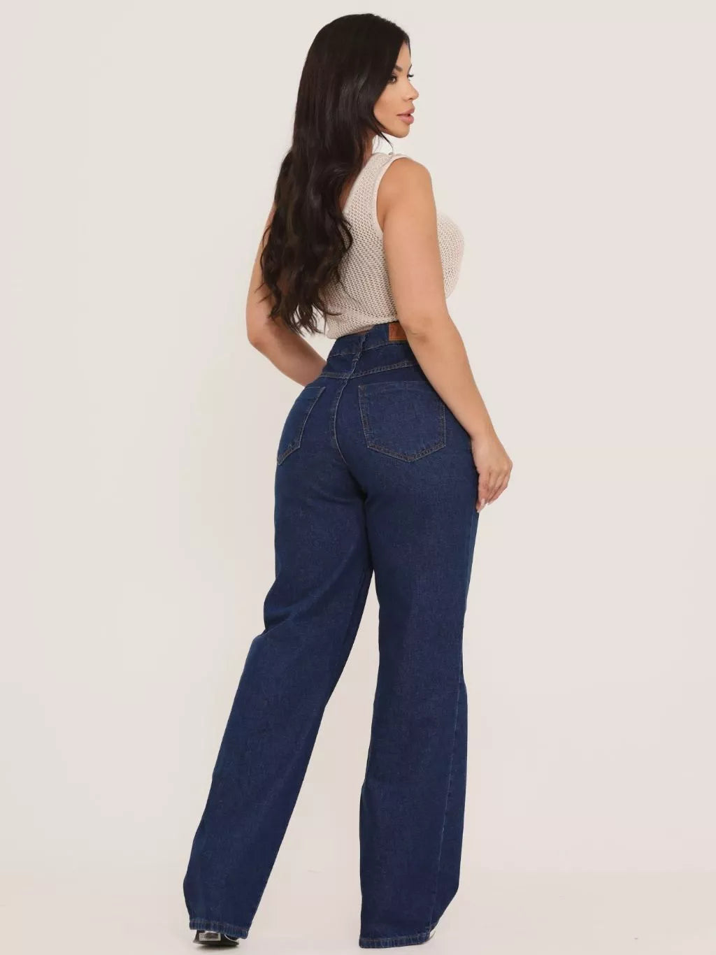 Calça Jeans Feminina Wide Leg Pantalona Cintura Alta Marmorizada Tecido 100% Algodão Blogueira