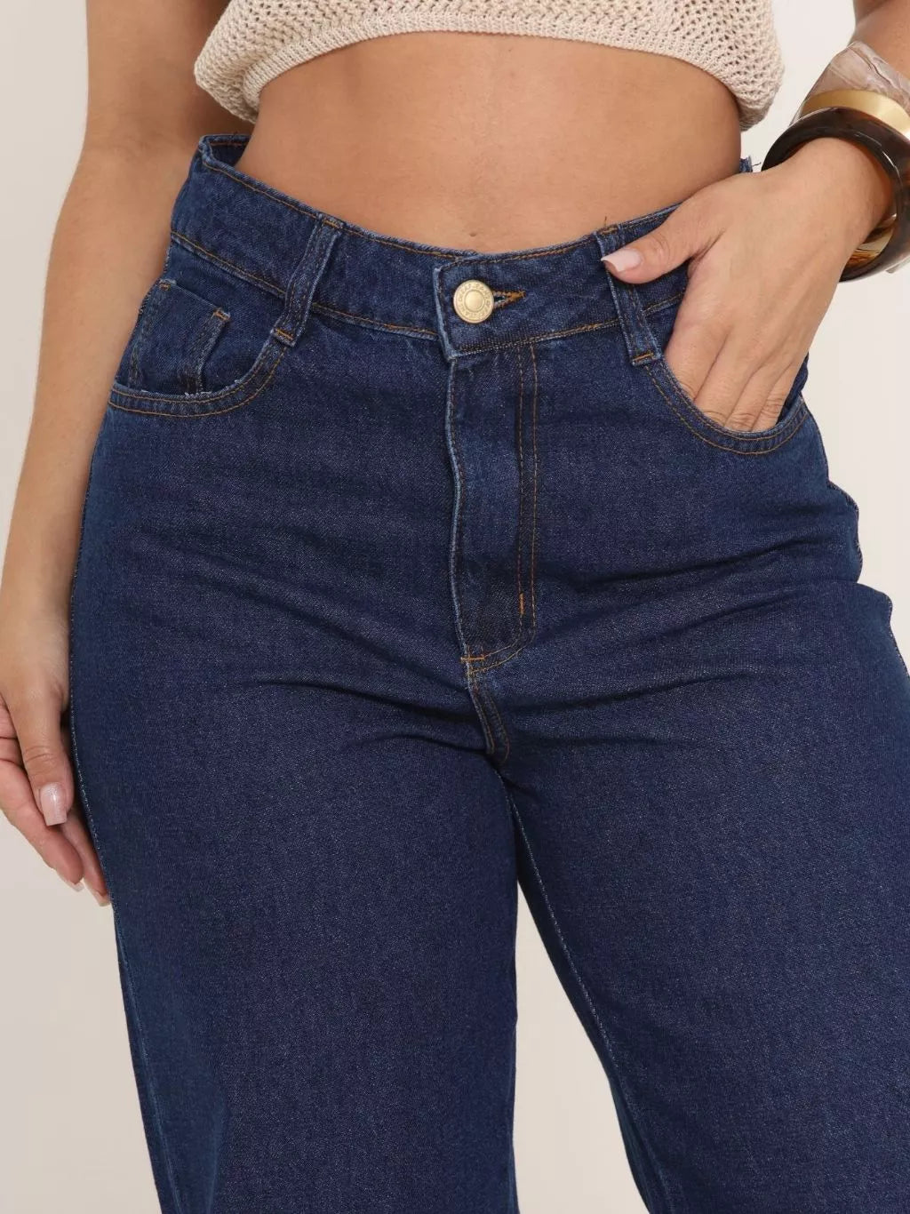 Calça Jeans Feminina Wide Leg Pantalona Cintura Alta Marmorizada Tecido 100% Algodão Blogueira