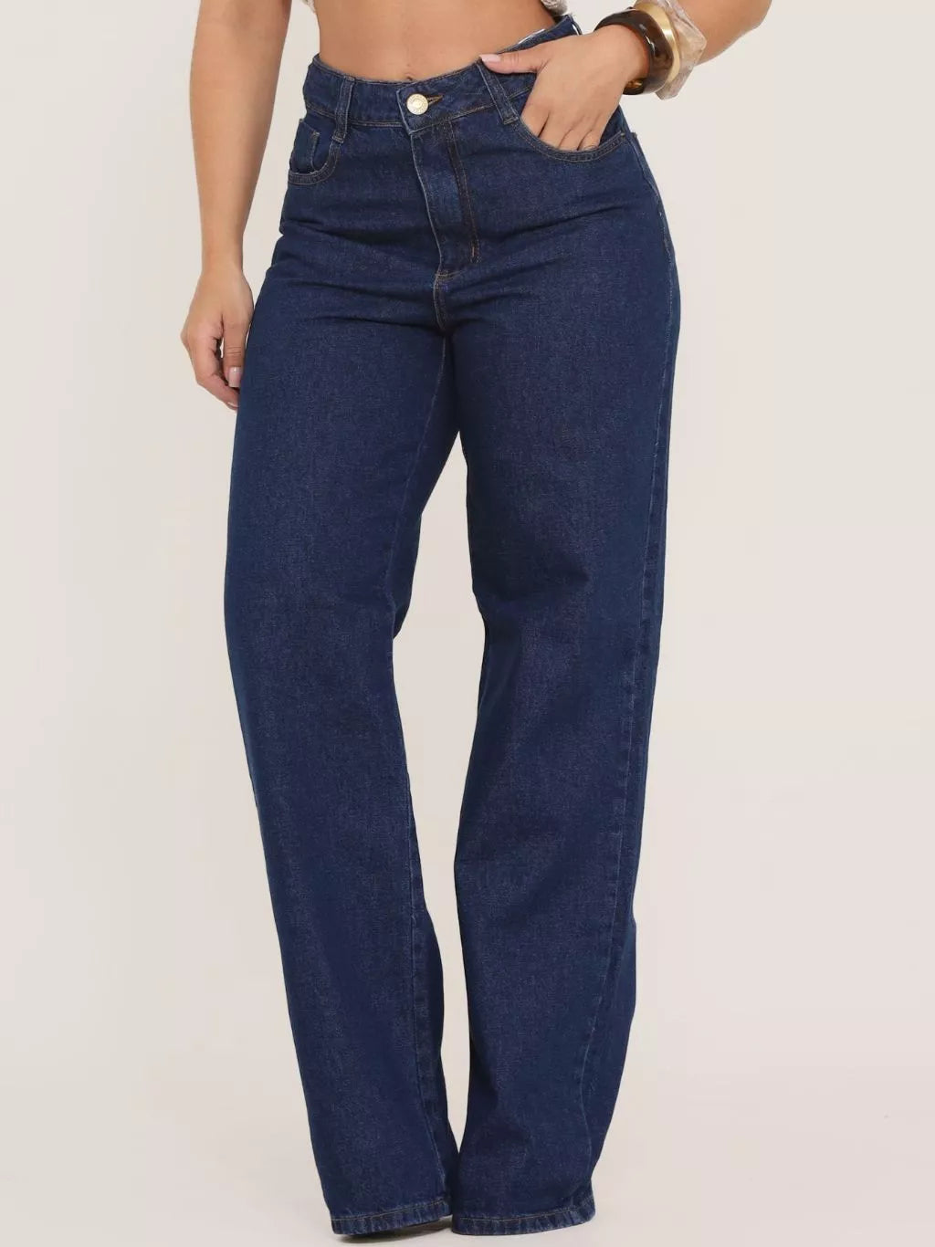 Calça Jeans Feminina Wide Leg Pantalona Cintura Alta Marmorizada Tecido 100% Algodão Blogueira