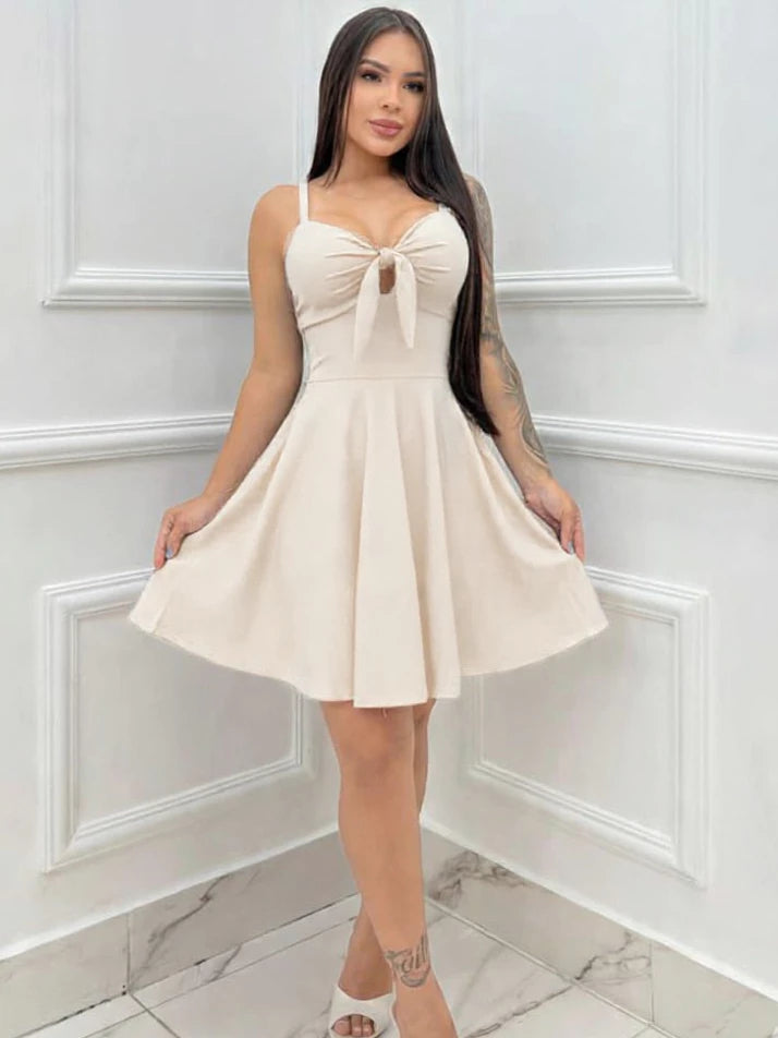 Vestido Feminino Estampado Rodado Alcinha com Bojo Amarração Frente Soltinho Dia Dia