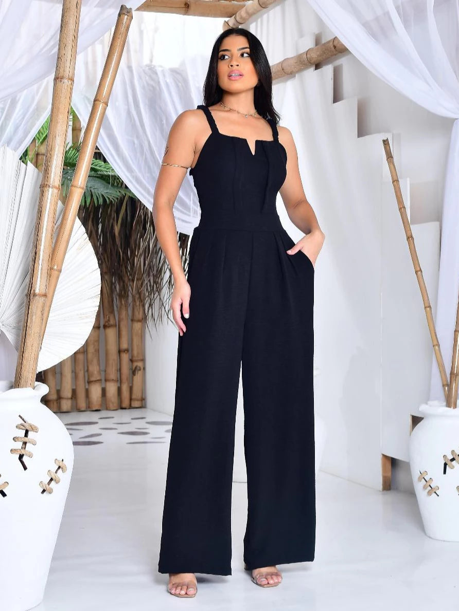 Macacão Feminino Longo Pantalona Em Tecido Duna Com Lastex Nas Costas