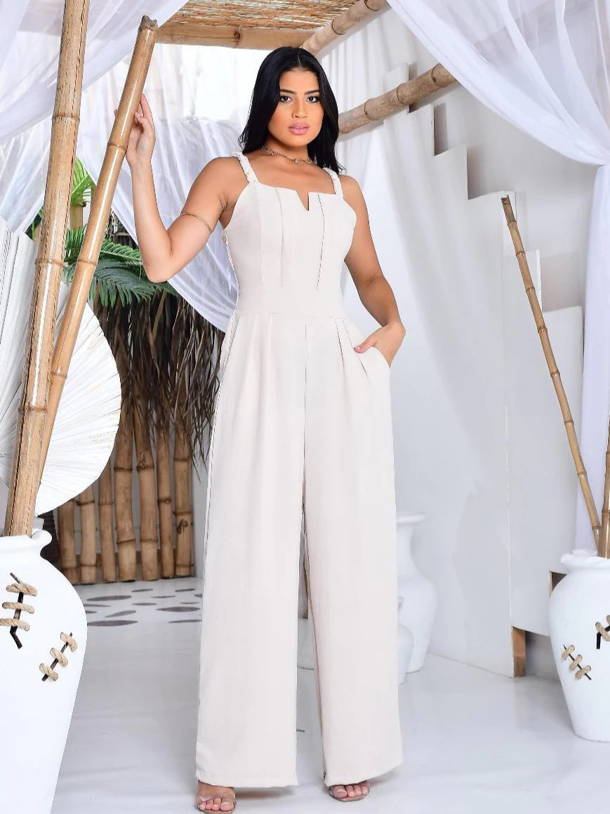 Macacão Feminino Longo Pantalona Em Tecido Duna Com Lastex Nas Costas