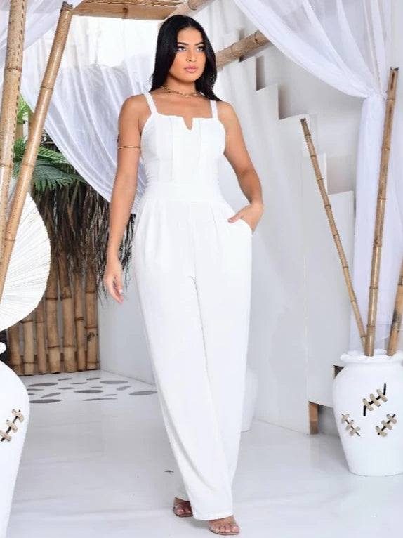 Macacão Feminino Longo Pantalona Em Tecido Duna Com Lastex Nas Costas