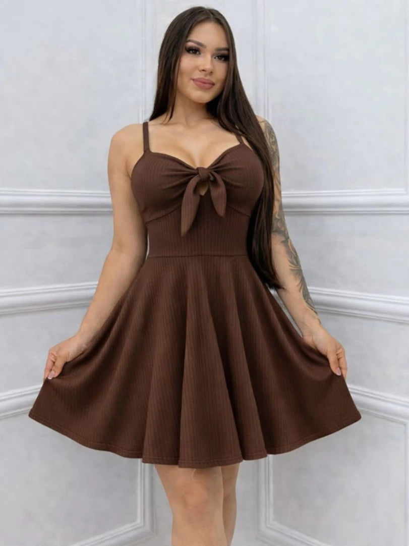 Vestido Feminino Estampado Rodado Alcinha com Bojo Amarração Frente Soltinho Dia Dia