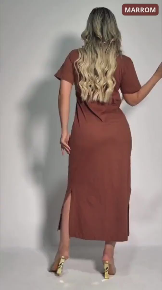 Vestido Feminino Longo Manga Curta 100% Algodão Gola Ribana Boho Chick Moda Casual Outono Inverno