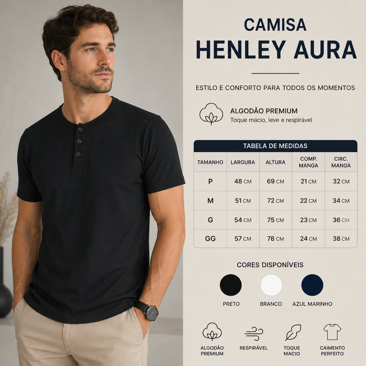 Camisa Henley Aura — Algodão Premium