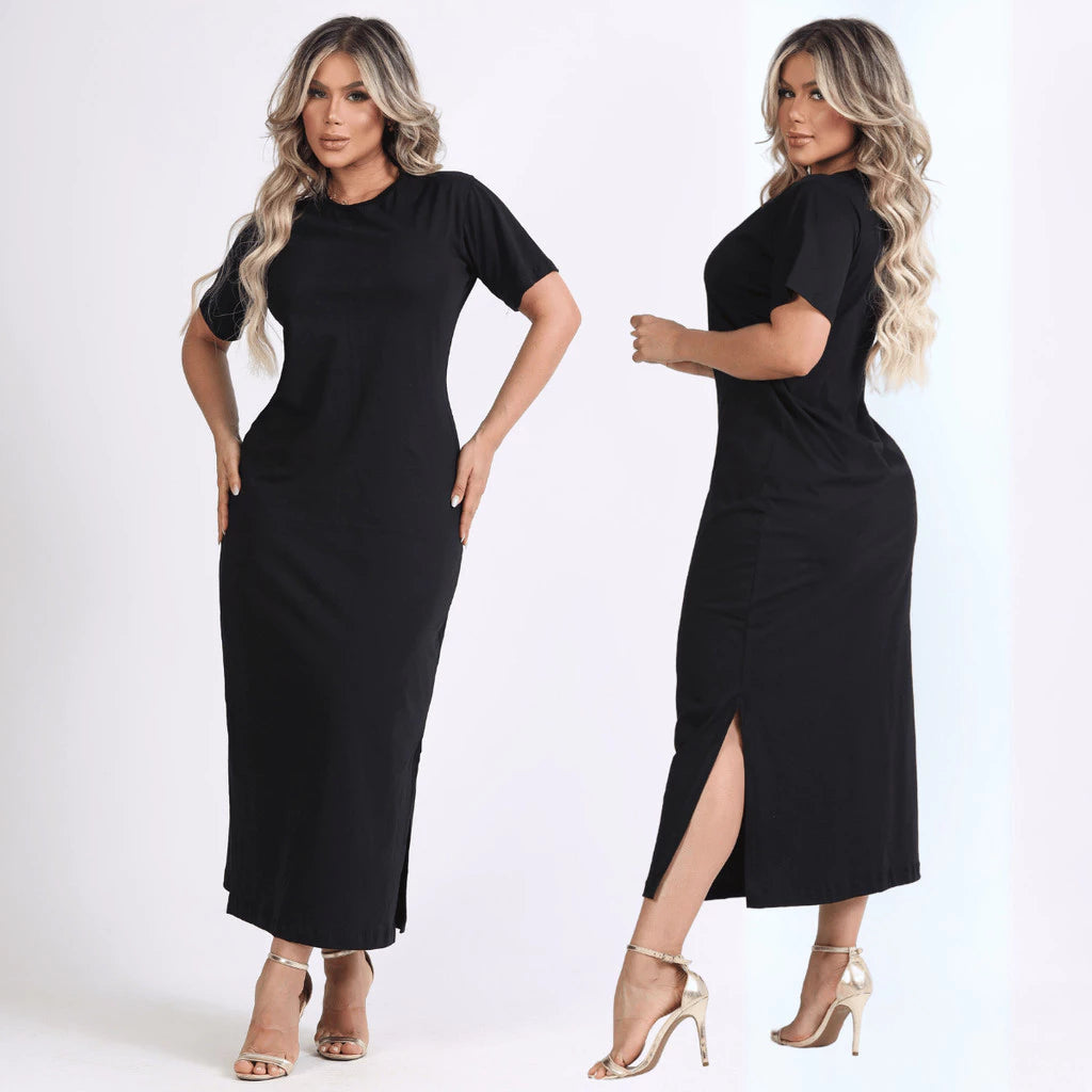 Vestido Feminino Longo Manga Curta 100% Algodão Gola Ribana Boho Chick Moda Casual Outono Inverno