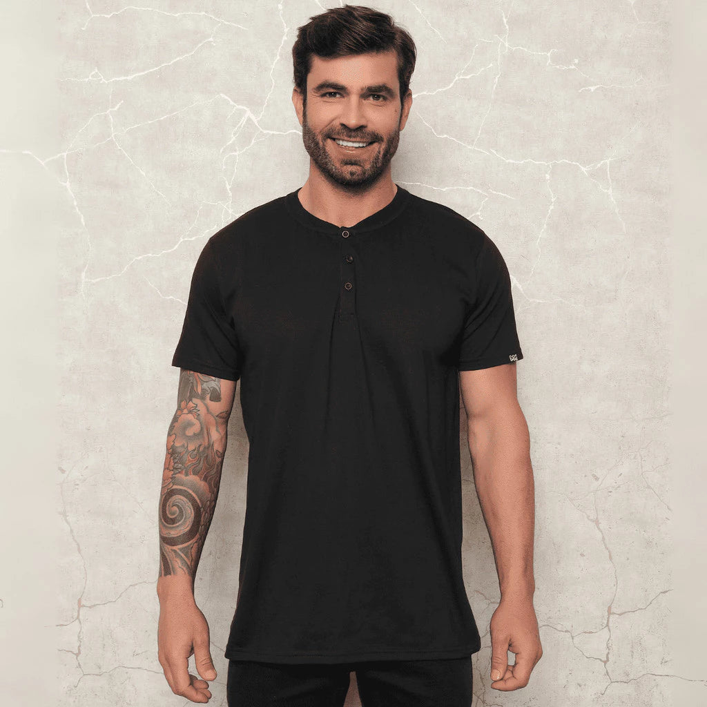 Camisa Básica Preta Masculina 100% Algodão Estilo Henley Portuguesa Social Casual Gola Botões Padre Slim